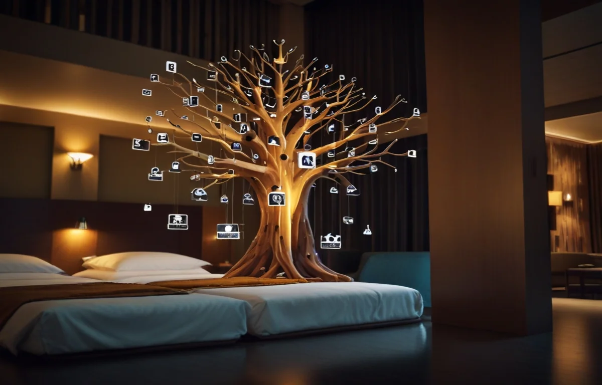 arbol-con-ramas-con-carteles-sobre-cama-hotel